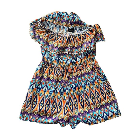 Boho Tube Top Romper Small Tribal Print Elastic Waist Ruffle Pom Trim Coachella - Picture 3 of 13